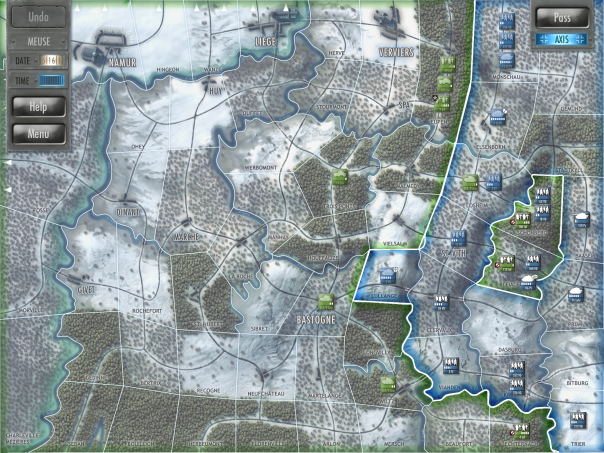 The game system is turn-based, with the day gradually progressing in random increments. So you might march a couple infantry divisions down the highway, then an hour later the enemy launches an attack across a bridge, then thirty minutes pass and you get to go again. There's rarely enough time to give orders to everyone, and no day necessarily contains the same number of turns.
