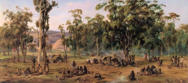 "An Aboriginal Encampment, near the Adelaide Foothills," by Alexander Schramm